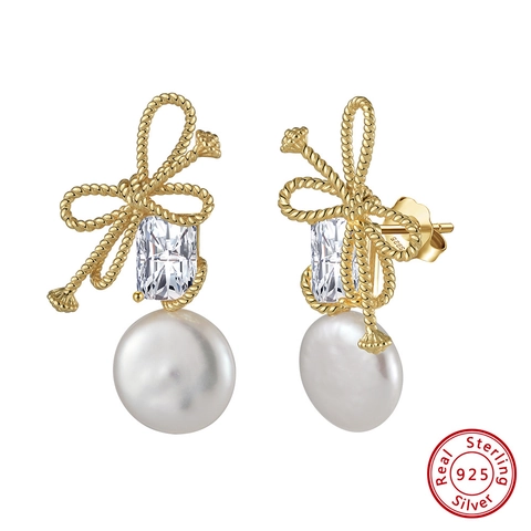 925 Sterling Silver Bowknot Freshwater Pearl Drop Earrings Elegant Rhinestone Inlaid Gold Plated Jewelry For Women Gift