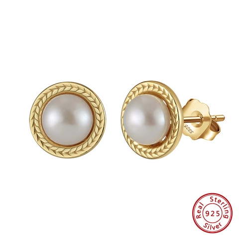 French Retro 925 Sterling Silver Freshwater Pearl Stud Earrings Gold Plated Elegant Wheat Ear Geometric Jewelry For Women