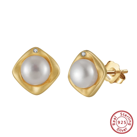Pendientes de Botón de Plata de Ley 925 Perla de Agua Dulce para Mujer Chapado en Oro Geométrico Elegante Joyería Regalo
