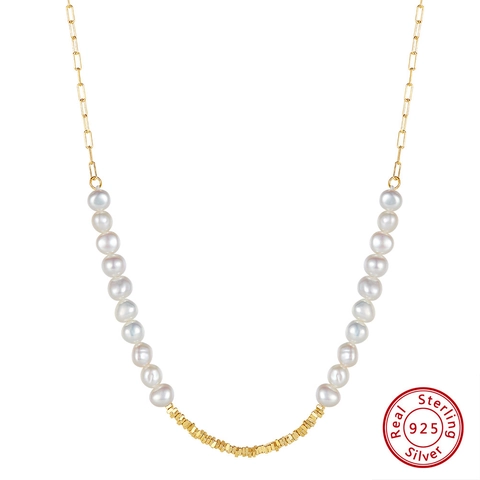 14K Gold Plated 925 Sterling Silver Freshwater Pearl Necklace For Women Baroque Design Splice Paperclip Chain Jewelry