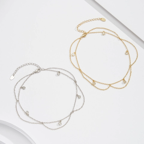 Bohemian 925 Sterling Silver Double Layer Anklet For Women Minimalist Rhinestone Dainty Foot Chain Adjustable Summer Beach Jewelry Gift