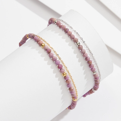 Tobillera de Doble Capa de Plata de Ley 925 con Mica Púrpura para Mujer Bañado en Oro 14K Cadena de Cuentas Facetadas Joyería de Playa