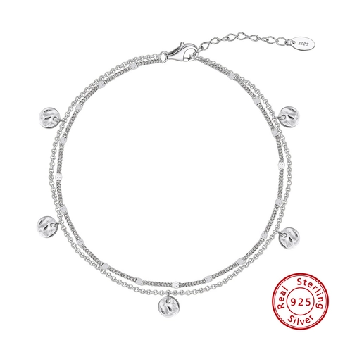 Tobillera de Doble Capa de Plata de Ley 925 para Mujer Colgante de Disco Redondo Martillado Ajustable Joyería de Pie