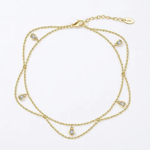 Bohemian 925 Sterling Silver Double Layer Anklet For Women Minimalist Rhinestone Dainty Foot Chain Adjustable Summer Beach Jewelry Gift