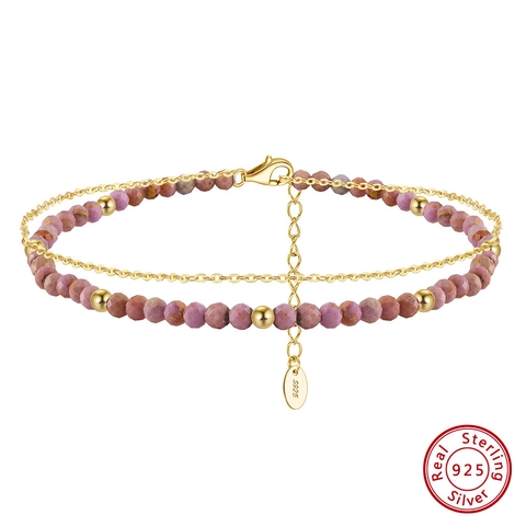 Tobillera de Doble Capa de Plata de Ley 925 con Mica Púrpura para Mujer Bañado en Oro 14K Cadena de Cuentas Facetadas Joyería de Playa