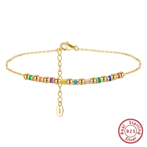 925 Sterlingsilber Fußkettchen Für Damen 14K Vergoldet Bunte Emaille Perlen Fußkette Sommer Strand Urlaub Schmuck