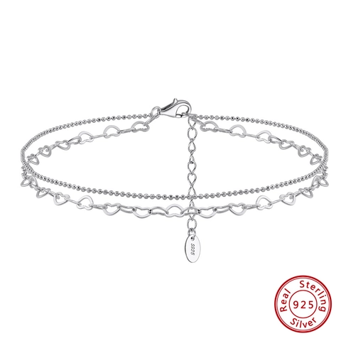 Double Layer 925 Sterling Silver Heart Anklet For Women Minimalist Gold Silver Plated Bead Chain Adjustable Foot Jewelry