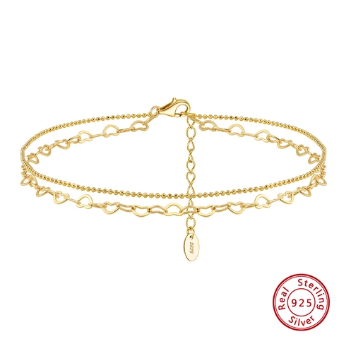 Double Layer 925 Sterling Silver Heart Anklet For Women Minimalist Gold Silver Plated Bead Chain Adjustable Foot Jewelry