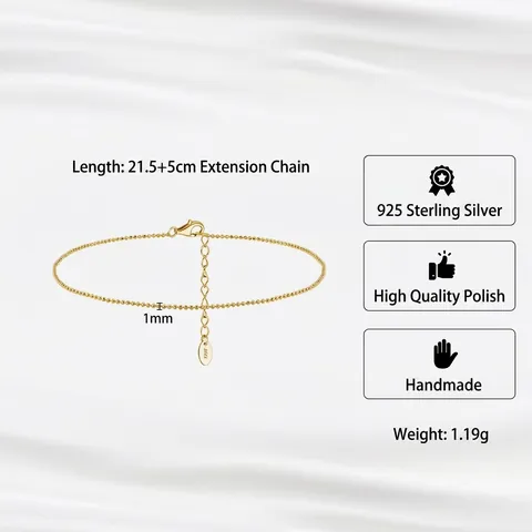 925 Sterlingsilber Minimalistisch Rundperlen Fußkettchen Für Damen 14K Vergoldet Verstellbar Sommer Strand Fußschmuck Kette
