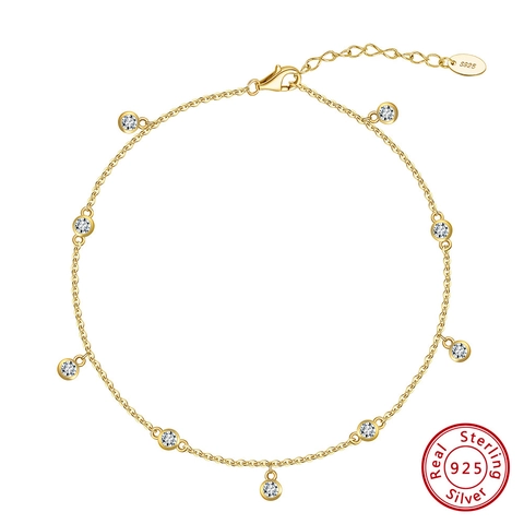 Tobillera de Dije de Circonia de Plata de Ley S925 para Mujer Cadena de Pie Fina Ajustable con Piedra Redonda Joyería de Vacaciones