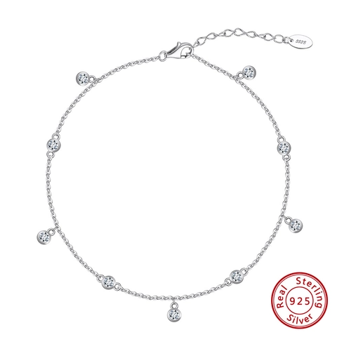 Tobillera de Dije de Circonia de Plata de Ley S925 para Mujer Cadena de Pie Fina Ajustable con Piedra Redonda Joyería de Vacaciones
