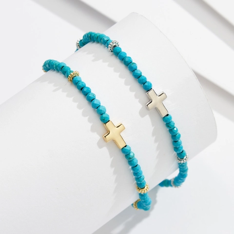 Tobillera de Plata de Ley 925 con Cruz y Turquesa para Mujer Bañada en Oro de 14K Ajustable Joyería de Playa Bohemio