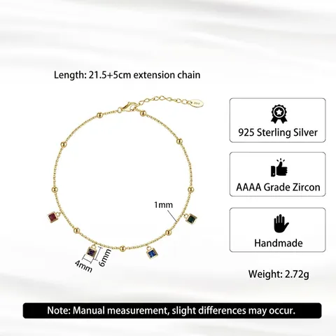 925 Sterling Silber Fußkettchen Für Damen Vergoldet Bunte Quadratische Zirkonia Anhänger Sommer Strand Verstellbar Schmuck