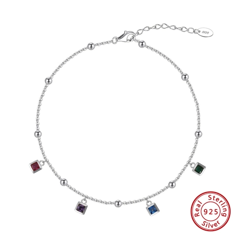 925 Sterling Silber Fußkettchen Für Damen Vergoldet Bunte Quadratische Zirkonia Anhänger Sommer Strand Verstellbar Schmuck