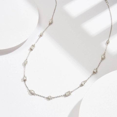 925 Sterling Silver Geometric Rhinestone Station Necklace For Women Fashion Commute Choker Sparkly Fine Jewelry Gift