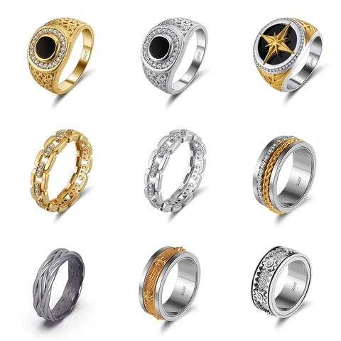 925 Sterling Silver Ring For Women Men Zirconia Inlaid Chain Signet Spinner Mechanical Gear Style Band Ring Jewelry