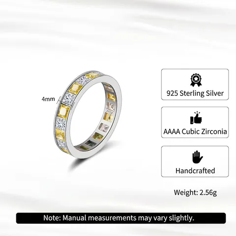 Elegante 925 Sterling Zilveren Eternity Ring Prinsessen Slijpsel Gele En Witte Zirconia Geometrische Band Voor Dames