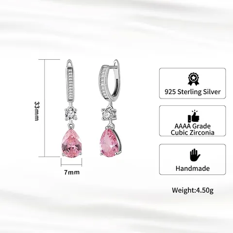 925 Sterling Silver Pear Shape Pink Zirconia Drop Hoop Earrings Elegant Water Drop Dangle Earrings Jewelry For Women Gift
