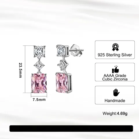 925 Sterlingsilber Rosa Rechteckige Strass Tropfenohrringe Für Damen Geometrisch Elegant Quadratisch Eingelegt Luxusschmuck