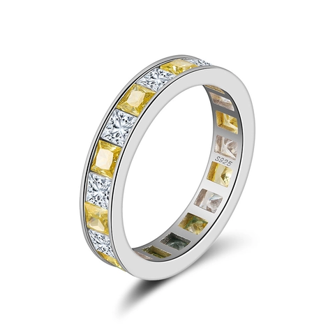 Elegante 925 Sterling Zilveren Eternity Ring Prinsessen Slijpsel Gele En Witte Zirconia Geometrische Band Voor Dames