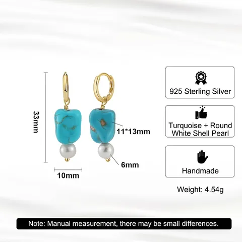 Pendientes Colgantes Bohemios Turquesa Perla Artificial Con Poste de Plata de Ley 925 Vintage Pendientes Mujer Joyería