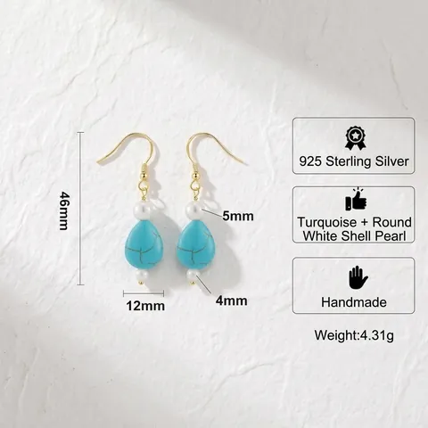 Vintage 925 Silber Türkis Tropfen Ohrringe Für Damen Künstliche Perle Geometrische Hängeohrringe Elegant Boho Schmuck