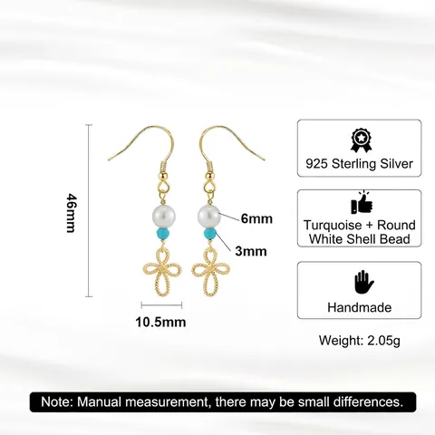 Orecchini Pendenti in Argento Sterling 925 Vintage Donna Perla Artificiale Turchese Nodo a Croce Ciondolo Fiore Gioielli