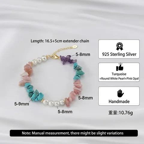 Bracciale di Perline in Argento Sterling 925 Turchese da Donna Fatto a Mano Perla Artificiale Pietra Naturale Boho Gioielli