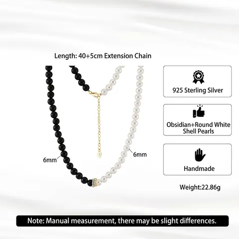 Vintage 925 Sterling Silver Obsidian Splicing Necklace Elegant Gold Plated Artificial Pearl Bead Necklace For Women Fashion Jewelry