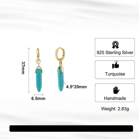 Orecchini Pendenti in Argento Sterling S925 Con Turchese Vintage Pietra Conica a Proiettile Placcati Oro Argento