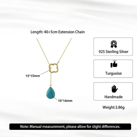 925 Sterling Silver Turquoise Clover Pendant Necklace For Women Vintage Geometric Water Drop Jewelry Elegant Neckpiece Gift