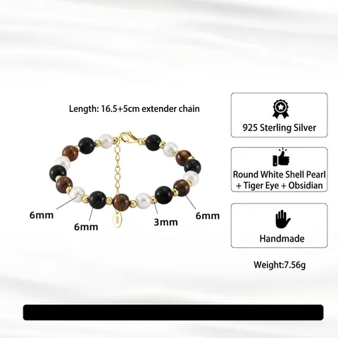 Bracciale in Argento Sterling 925 Occhio di Tigre Perle Artificiali Ossidiana per Donna Vintage Placcato Oro 14K Gioielli Geometrici con Perline Regolabili