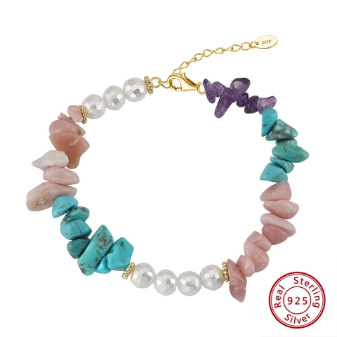 Bracciale di Perline in Argento Sterling 925 Turchese da Donna Fatto a Mano Perla Artificiale Pietra Naturale Boho Gioielli