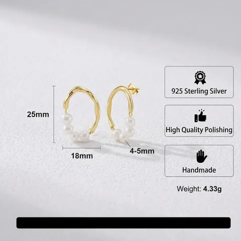 Pendientes de Aro Curvos Irregulares de Perlas de Agua Dulce de Plata de Ley 925 Vintage Elegante Moda Mujer Joyería
