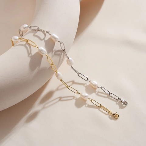 S925 Sterling Silver Bracelet With Artificial Baroque Pearls Paperclip Chain Splicing Gold Silver Women Jewelry Gift
