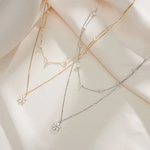 925 Sterlingsilber Doppellagige Halskette mit Künstlicher Perle und Blumenanhänger Eleganter Zarter Schmuck Geschenk für Damen
