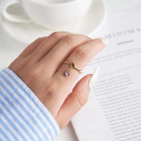925 Sterling Silber Herzanhänger Ring Für Damen Rosa Zirkonia Verstellbarer Offener Fingerring Süß Mori-Stil Dopamin Schmuck Geschenk