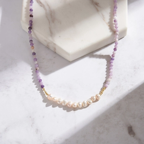 Collana di Perline in Argento Sterling 925 con Perle d'Acqua Dolce e Fosfosiderite Fatta a Mano Viola Oro Gioielli da Donna