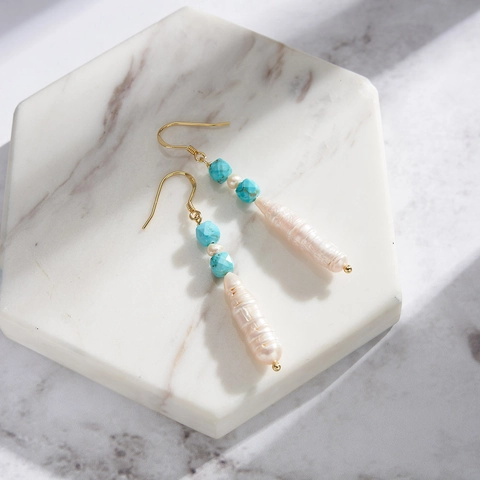 Bohemian 925 Sterling Silver Earring Post Natural Freshwater Pearl Turquoise Drop Earrings Women Vacation Style Jewelry