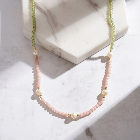 14K Gold Plated 925 Sterling Silver Freshwater Pearl Pink Opal Peridot Beaded Necklace For Women Elegant Handmade Gemstone Jewelry