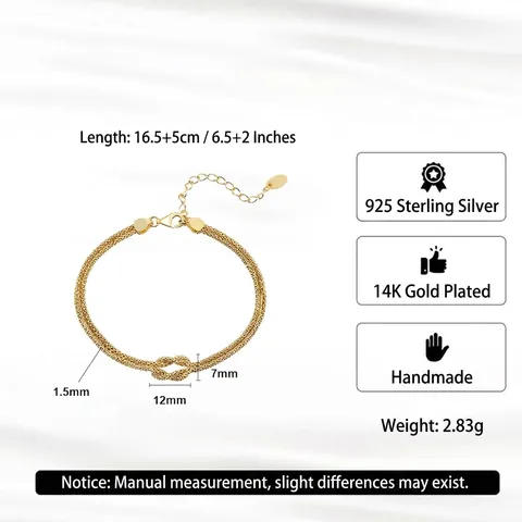 Pulsera de Cadena de Malla Tejida de Plata de Ley 925 para Mujer Bañada en Oro de 14K Nudo de Corazón Pulsera Ajustable Joyería Regalo