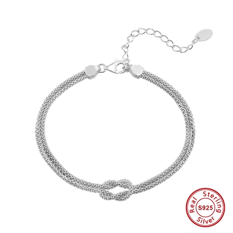 Pulsera de Cadena de Malla Tejida de Plata de Ley 925 para Mujer Bañada en Oro de 14K Nudo de Corazón Pulsera Ajustable Joyería Regalo