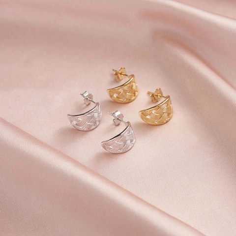 925 Sterling Silver Woven Stud Earrings C-Shaped Hollow Mesh Gold Plated Geometric Fashion Jewelry For Women Elegant Earring
