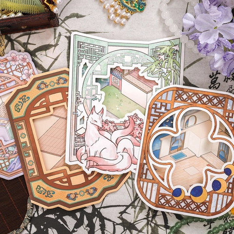 Oriental Style 3D Scene DIY Stickers Set PET Paper Waterproof Scrapbooking Decals Traditional Architecture Mystical Fox Patterns Decor