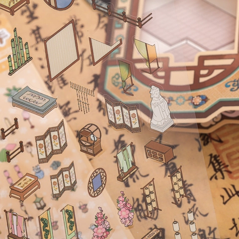 Oriental Style 3D Scene DIY Stickers Set PET Paper Waterproof Scrapbooking Decals Traditional Architecture Mystical Fox Patterns Decor