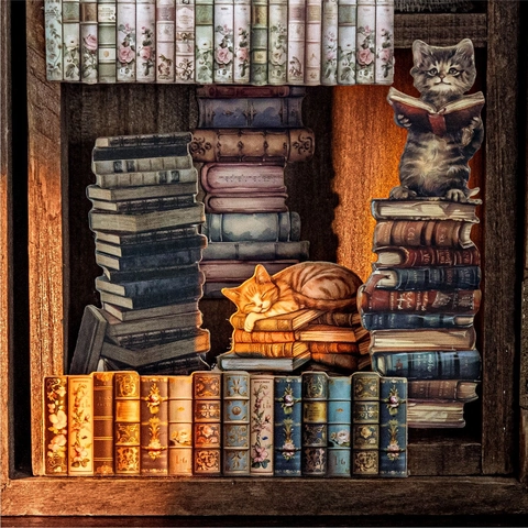 Adesivi Vintage 3D in Cartoncino con Libri e Gatti Serie Libreria Retrò Decorazione per Diario Fai-da-Te Pre-tagliati