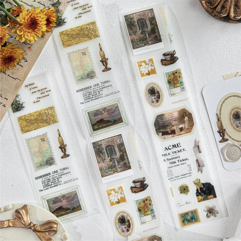 Cinta PET Artística Retro Pegatinas Diario Pintura al Óleo para Scrapbooking Cinta Adhesiva Decorativa Bricolaje Papelería