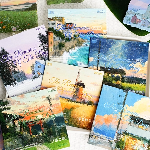 Pegatinas Decorativas PET Paisaje Pintura al Óleo Impresionista Serie Remains Of Day Scrapbooking DIY Journaling Paisaje Calcomanías