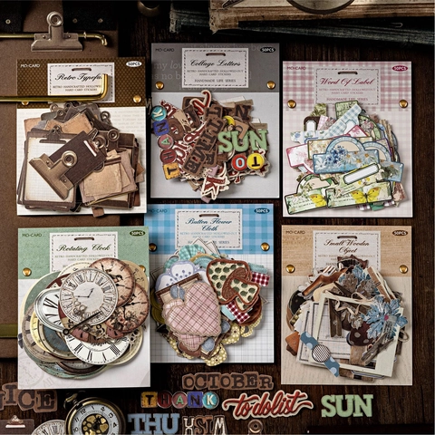 50PCS Vintage Handmade Life Series Hollow Scrapbooking Stickers Cloth Texture Paper Retro Clock Letter Floral Decorative Sticker For DIY Journal