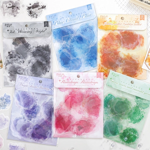 Vintage PET Watercolor Smudge Stickers For Scrapbooking DIY Journaling Decorative Stationery Stickers With Butterfly Star Patterns